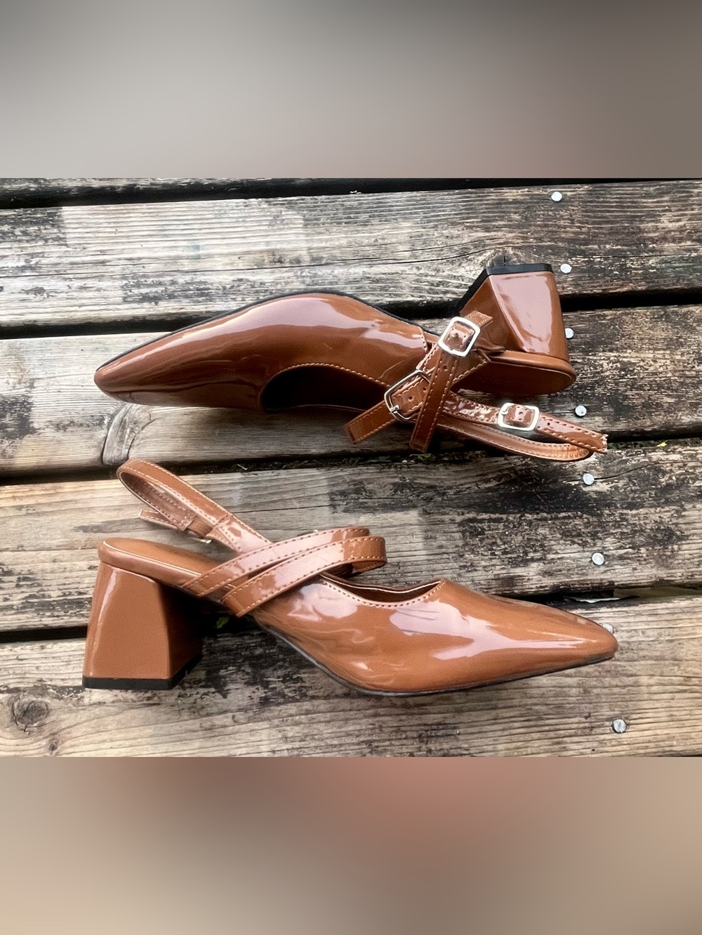 CIDER Glossy Brown Strappy Heeled Flats - Picture 8 of 10